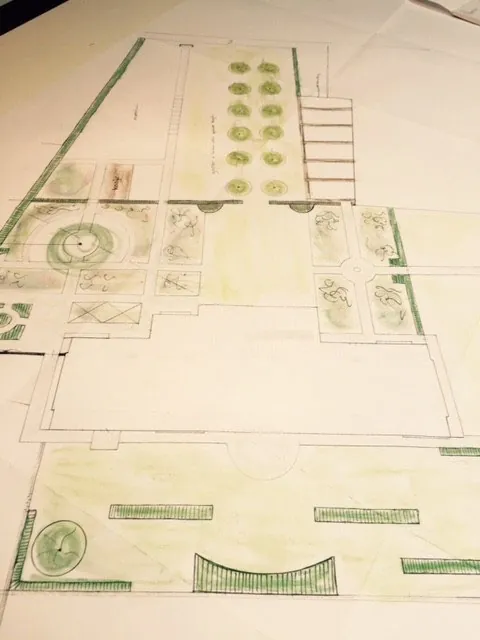 Met de hand getekend tuinontwerp op papier met borders, bomen en een terras