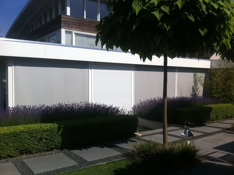 Afgeronde tuin met lavendel, geschoren hagen en een bolboom langs een moderne woning